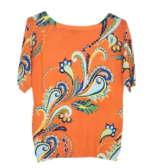 Joseph A Sweater Women Size M Orange Multicolor Paisley Short Sleeves - Picture 5 of 5